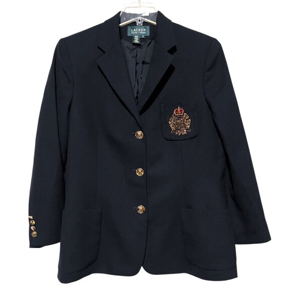 Vintage Lauren Ralph Lauren Gold Crown Crest Blazer 14 Rugby Preppy 100% Wool - Picture 1 of 10